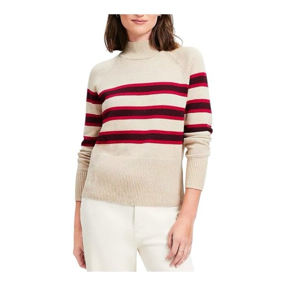LOFT Striped Rib Trim Mock Neck Sweater Sz XL Preppy Academia Tan Red Cotton NWT - Picture 1 of 8